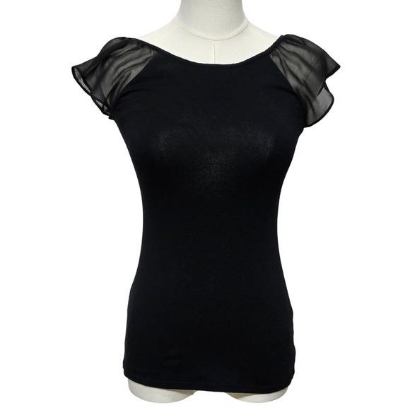 Express Shirt Womens XS Black Sheer Flutter Sleeve Stretch Fitted Top New Tags - Picture 1 of 10
